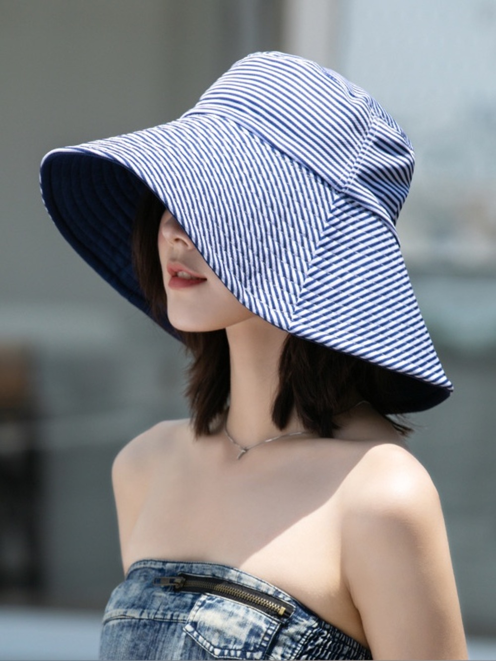 Reversible Two Sided Wide-Brim Sunhat - Blue and Black/White Stripes Sun Hat